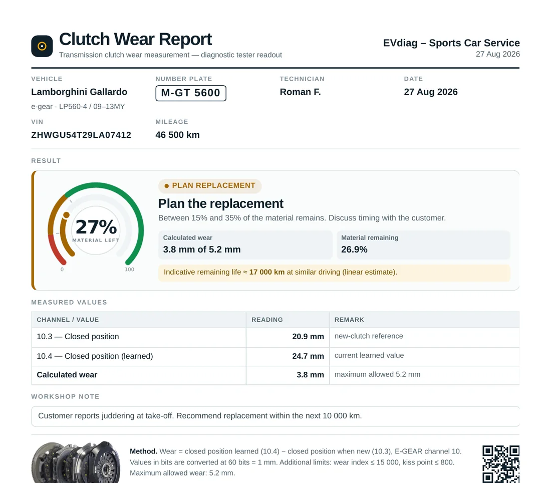 The printed one-page clutch wear report showing the dial, vehicle details, measured values and method.